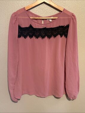 Charming Charlie Dusty Rose Long-Sleeve Chiffon Blouse with Black Lace Trim